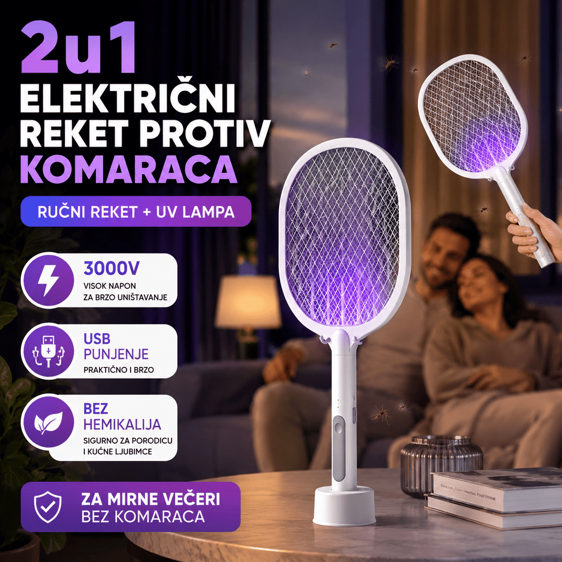 Električni reket protiv komaraca na stolu pored terase