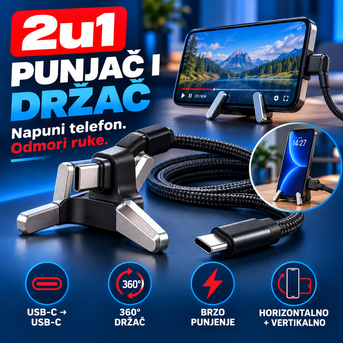 2u1 USB-C punjač i sklopivi držač za telefon sa 360 stepeni rotirajućim osloncima