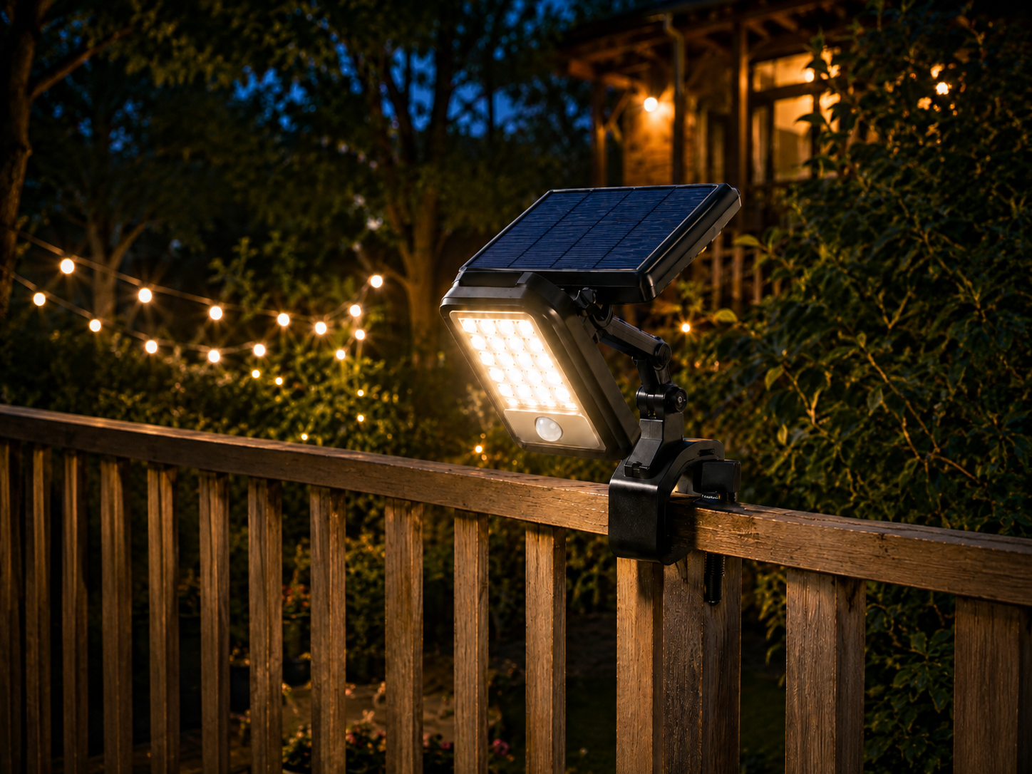 Solarna lampa sa senzorom pokreta postavljena na ogradu u dvorištu