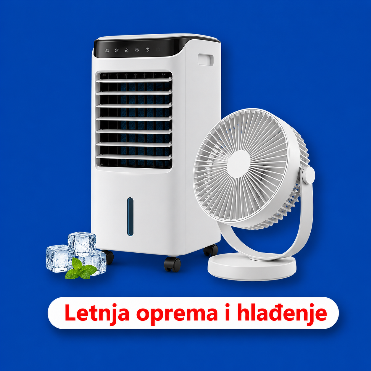 Prenosivi rashladni uređaj i stoni ventilator sa kockama leda na plavoj pozadini – kategorija Letnja oprema i hlađenje.