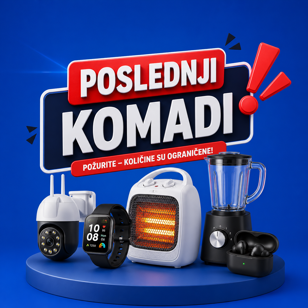 Raznovrsni proizvodi na plavoj pozadini uz natpis „Poslednji komadi“ i poruku o ograničenim količinama.