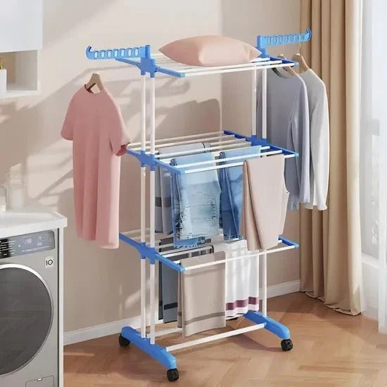 Sklopivi stalak za sušenje veša na 3 nivoa sa točkićima – Metalni sušač veša za stan, balkon i dvorište