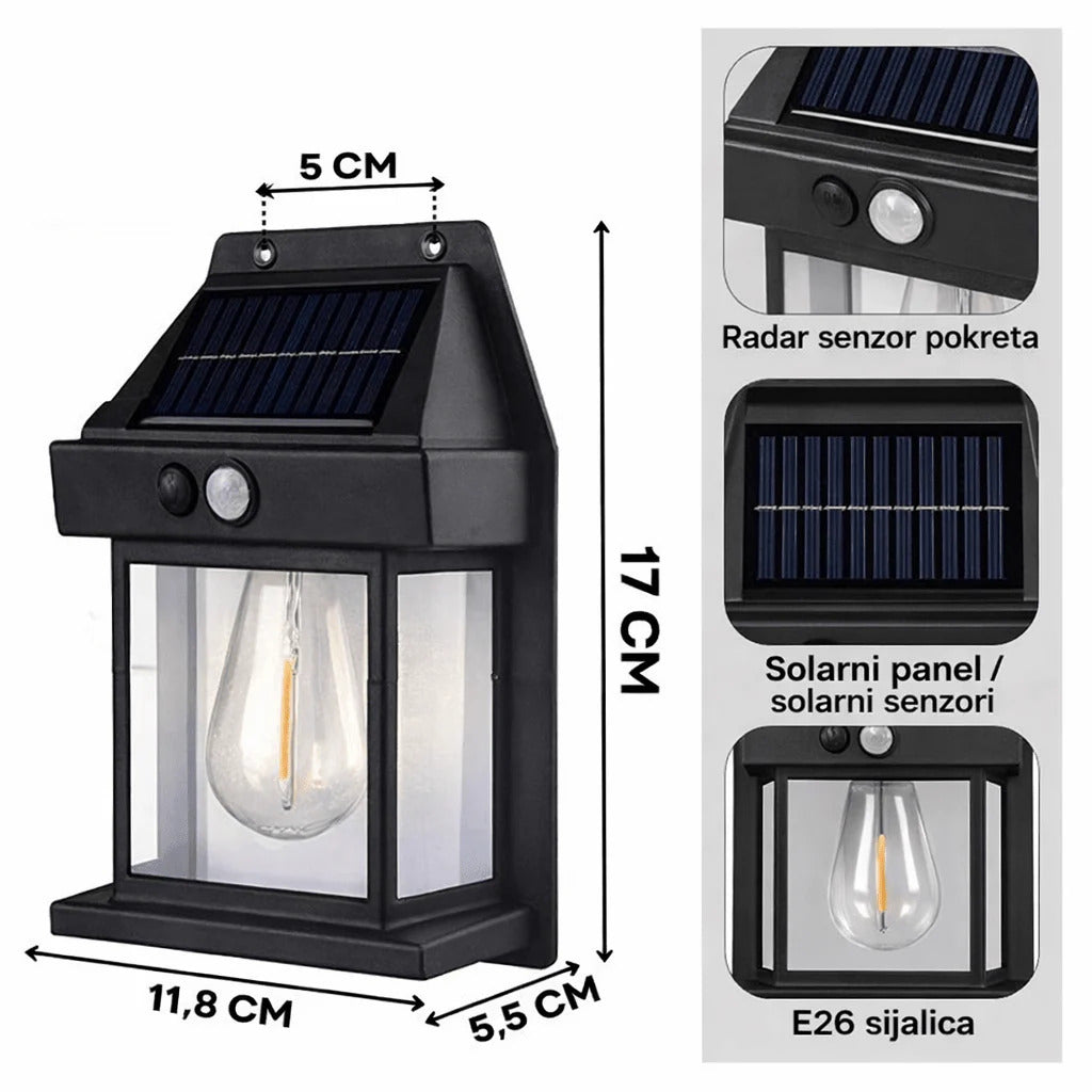 Solarna LED Zidna Lampa – Fenjer sa Senzorom Pokreta i Sijalicom | Spoljna Solar Lampica za Dvorište, Terasu i Fasadu