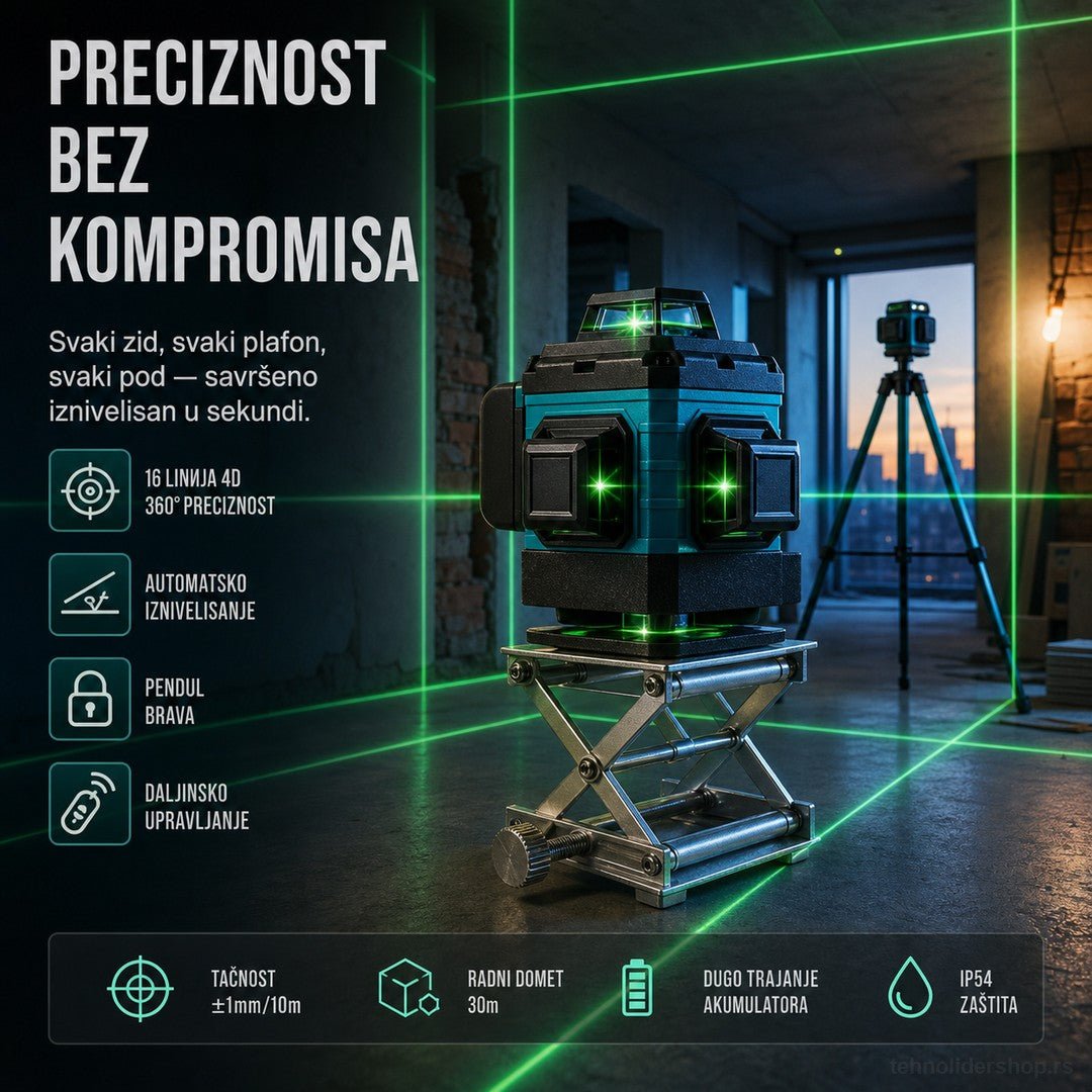 🟢 Digitalni Laser za Nivelaciju – 16 Linija 4D (NOVI MODEL SA TRONOŠCEM)