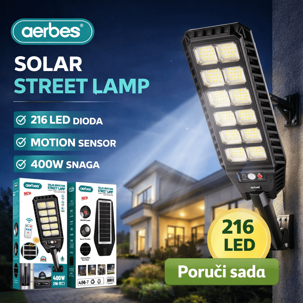 💡 Solarni LED reflektor 400W – 216 LED dioda sa senzorom pokreta i daljinskim upravljačem