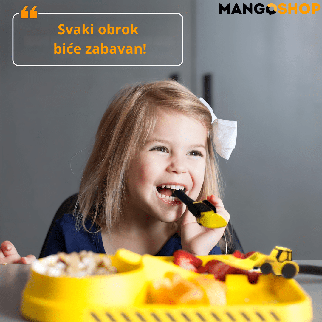 Zabavni dečiji set za jelo – tanjir sa pregradama , viljuška i kašika kao traktor i bager